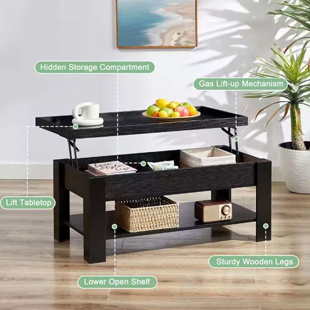 3-Piece Coffee Table Set 38.6 in. Black Rectangle MDF Coffee Table with Lift-Top Table and 2 Matching Nightstands