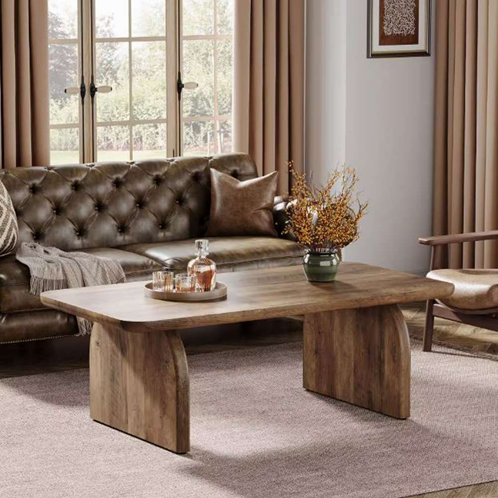 Allan 47 in. Brown Rectangle Wood Coffee Table with Sturdy Base and Rounded Corners, Farmhouse Accent Center Table